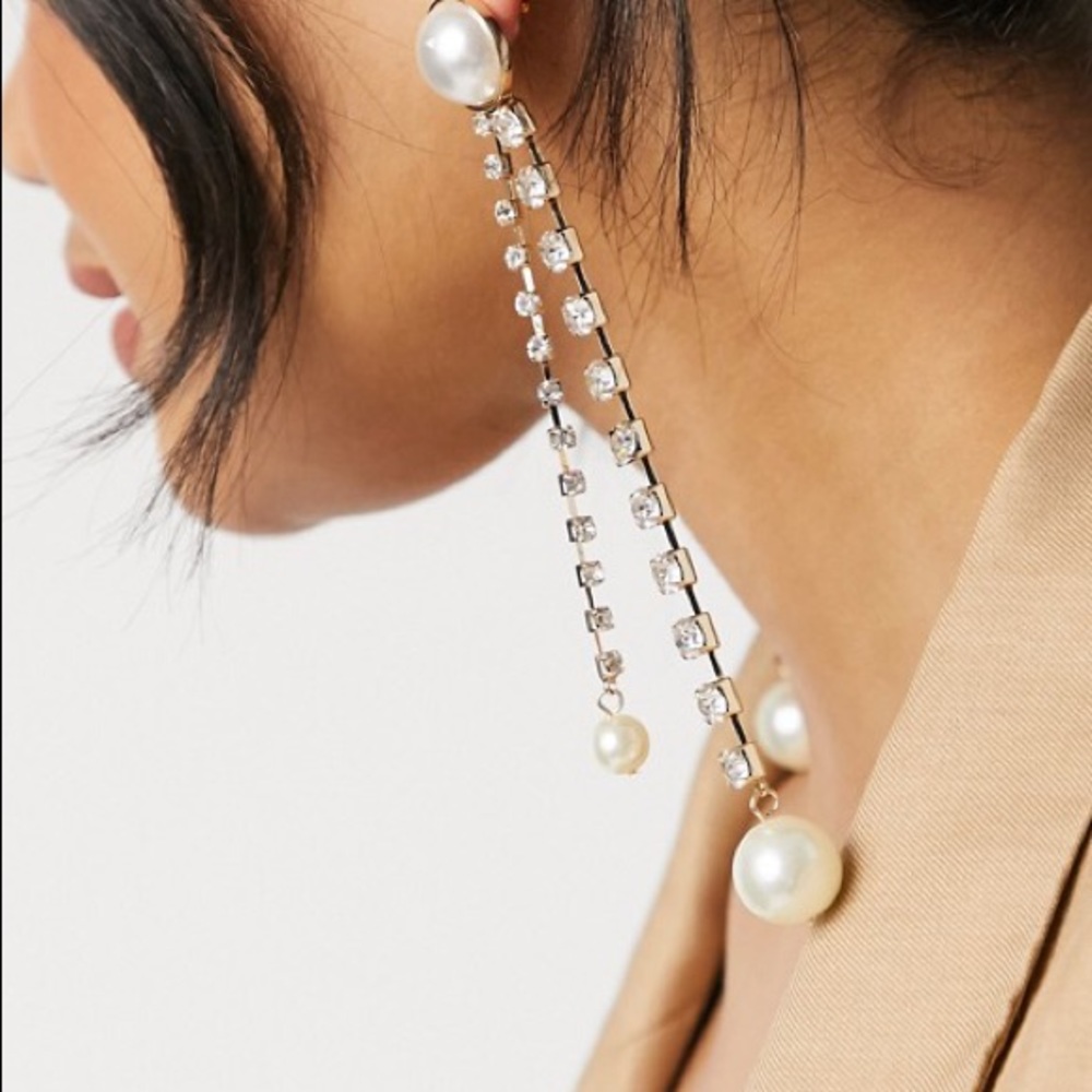 Earrings with Pearl Stud and Crystal Strands